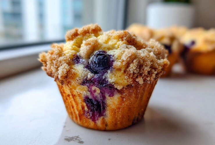 A close-up, featured image of a golden brown blueberry muffin topped with a generous layer of sugary streusel topping.