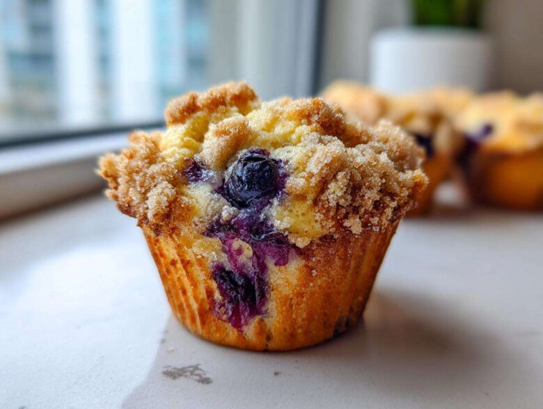 A close-up, featured image of a golden brown blueberry muffin topped with a generous layer of sugary streusel topping.