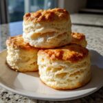 A stack of four tall, flaky buttermilk biscuits with golden brown tops resting on a white plate.