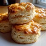 A close-up of four flaky buttermilk biscuits stacked slightly on a white plate, featuring golden-brown tops.
