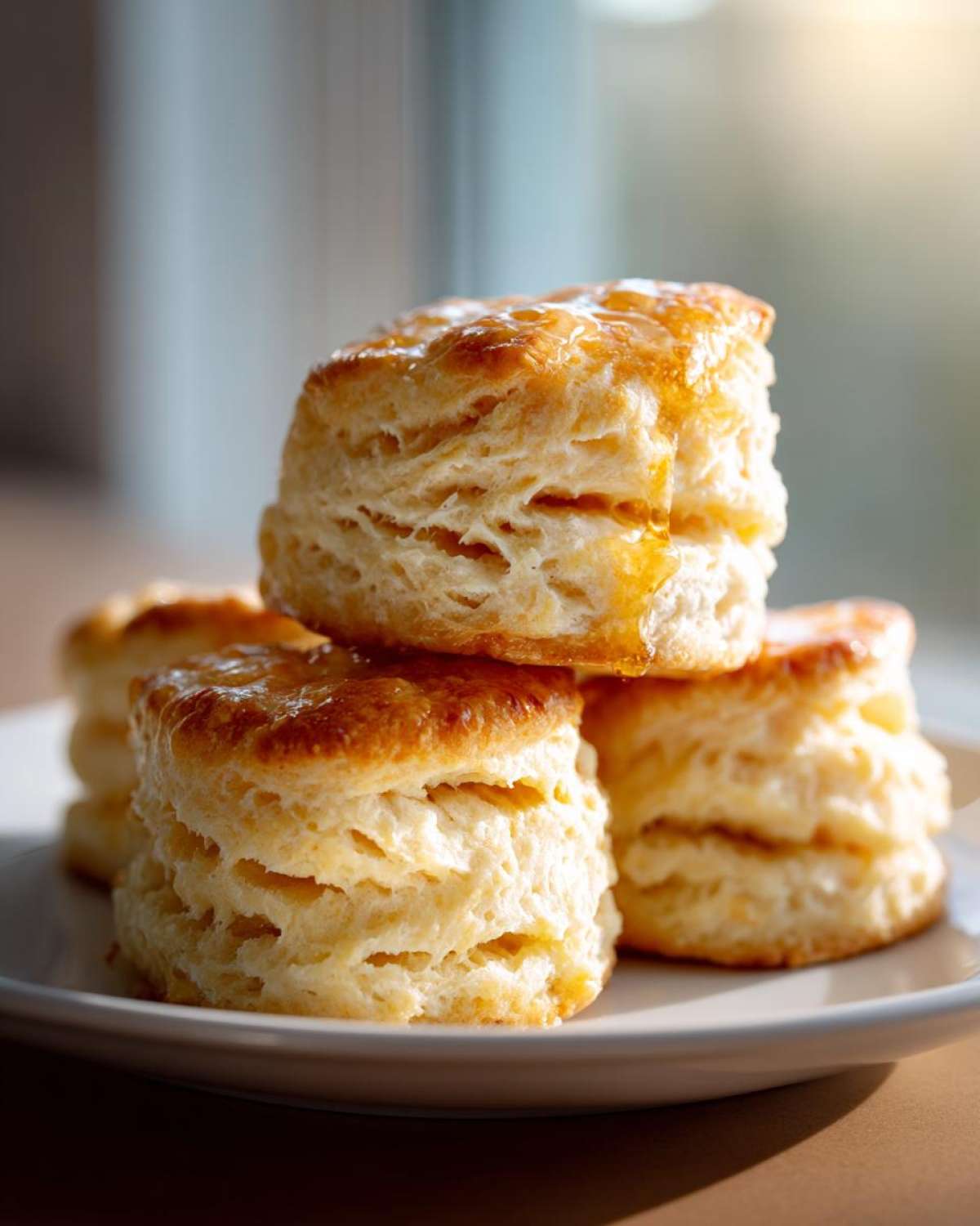 Close-up of four flaky buttermilk biscuits stacked on a white plate, glistening with butter or honey.
