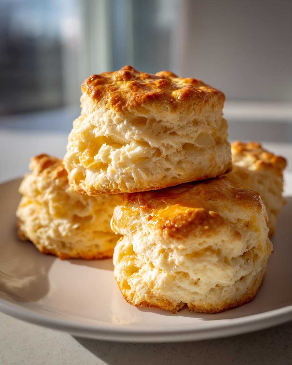 Close-up of a stack of three golden-brown, flaky buttermilk biscuits glistening with butter.