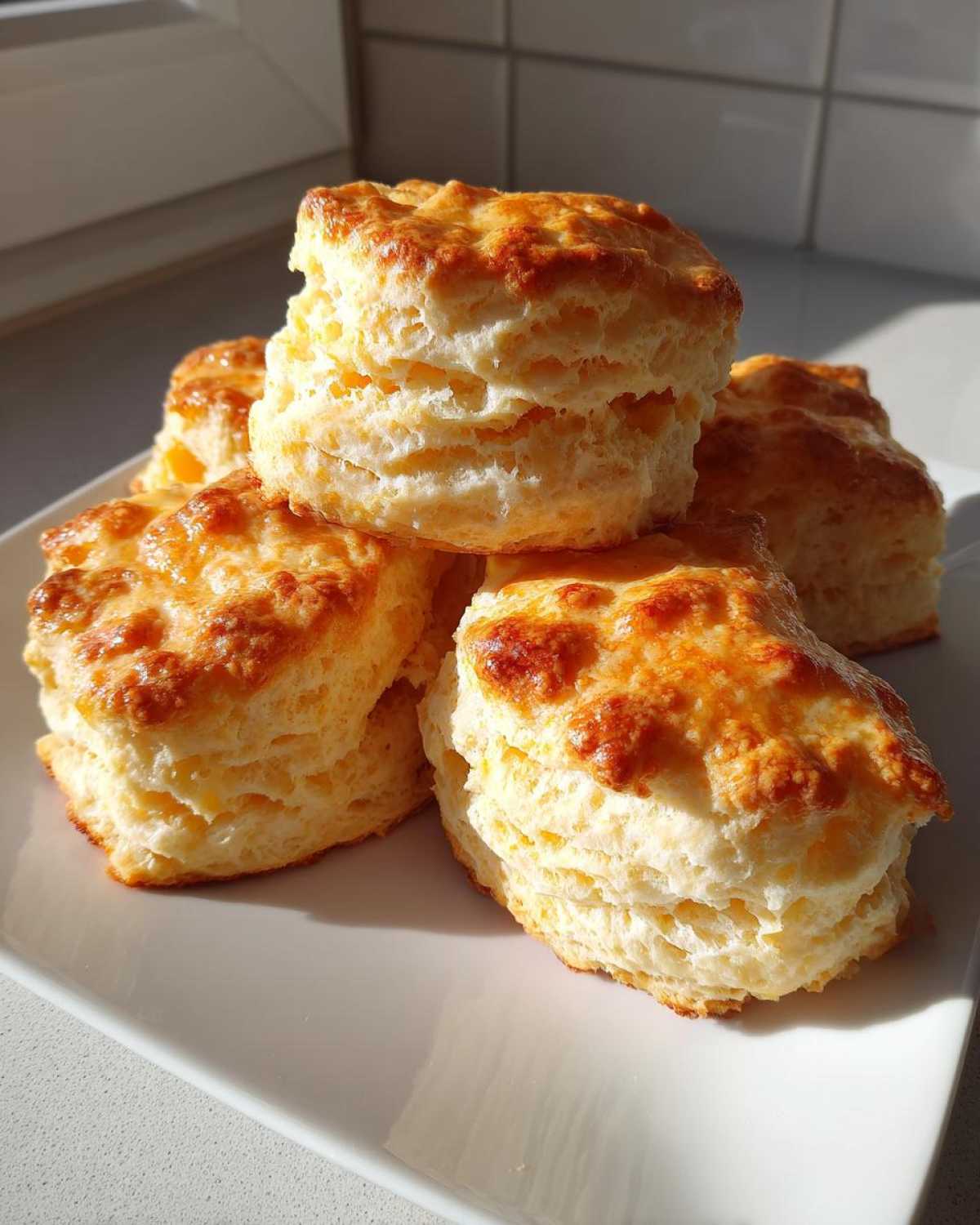 A stack of several tall, flaky buttermilk biscuits with golden brown tops resting on a white plate.