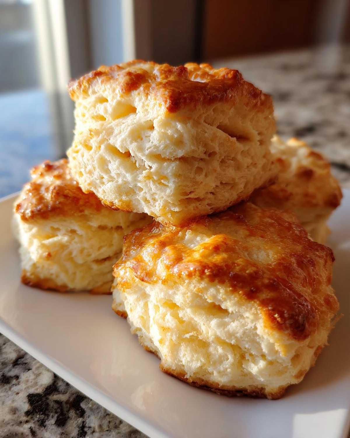 Close-up of several flaky buttermilk biscuits stacked on a white plate, showing golden brown tops.