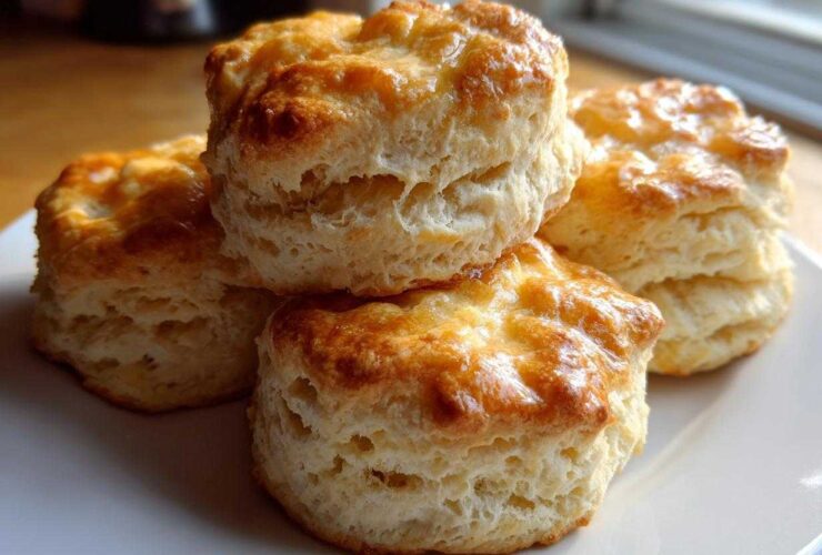 A close-up of four flaky buttermilk biscuits stacked slightly on a white plate, featuring golden-brown tops.