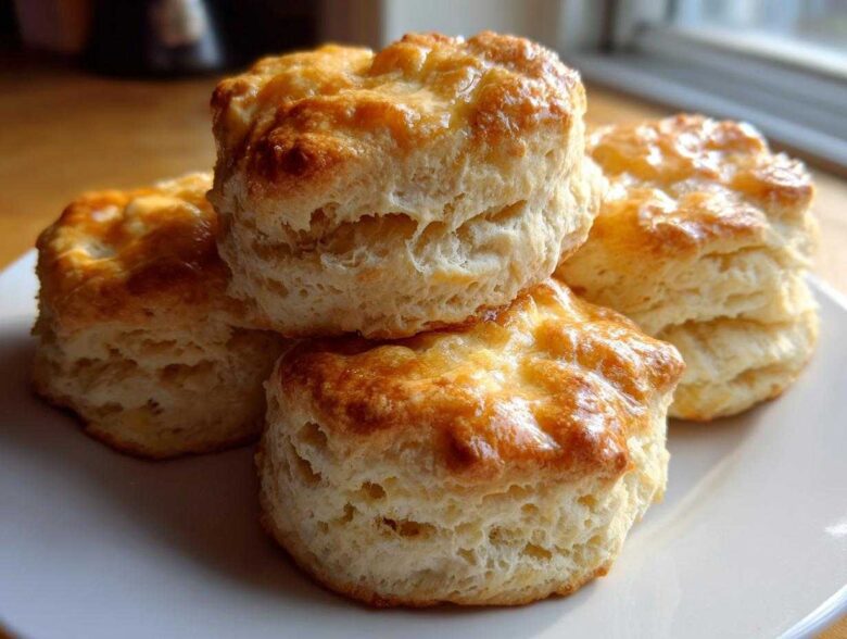 A close-up of four flaky buttermilk biscuits stacked slightly on a white plate, featuring golden-brown tops.