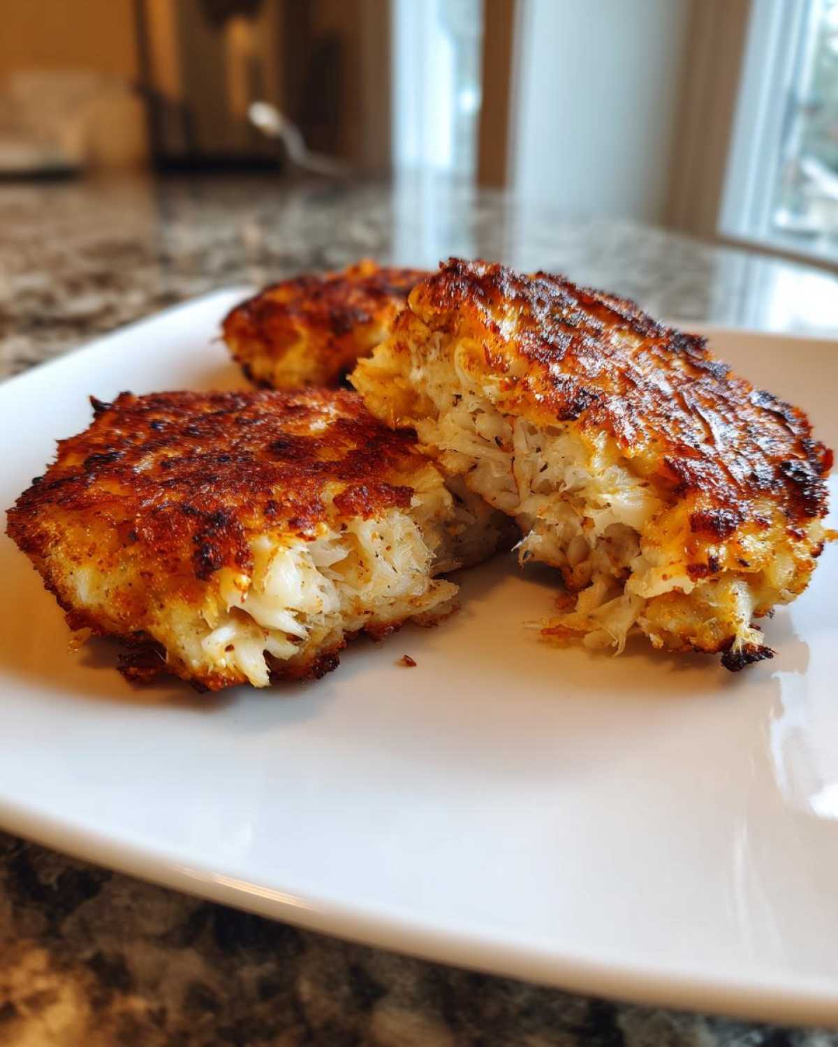 Close-up of perfectly seared maryland crab cakes, one broken open revealing flaky white crab meat inside.