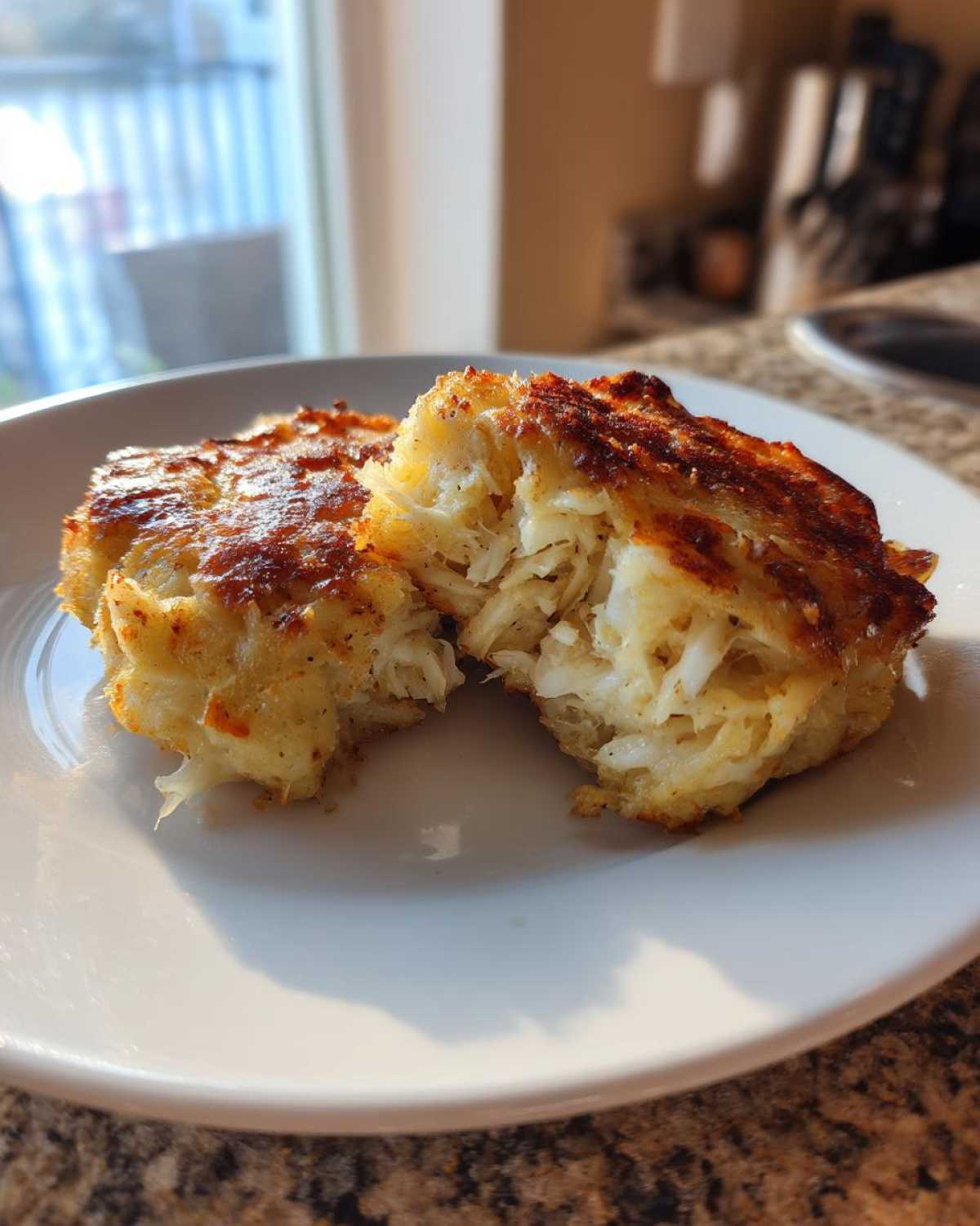 Close-up of two halves of a perfectly seared maryland crab cake, showing the flaky white crab meat inside.
