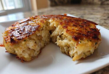 Close-up of a perfectly seared maryland crab cake cut in half, showing the flaky crab meat inside.