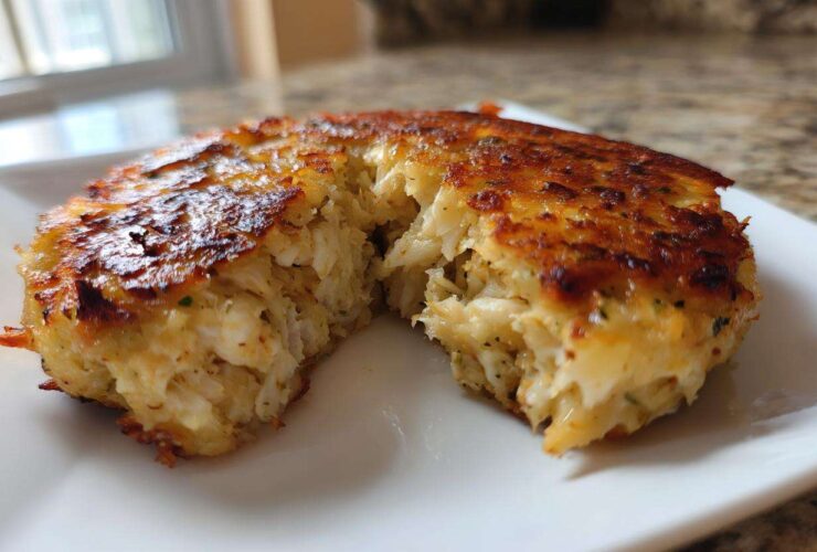Close-up of a perfectly seared maryland crab cake cut in half, showing the flaky crab meat inside.
