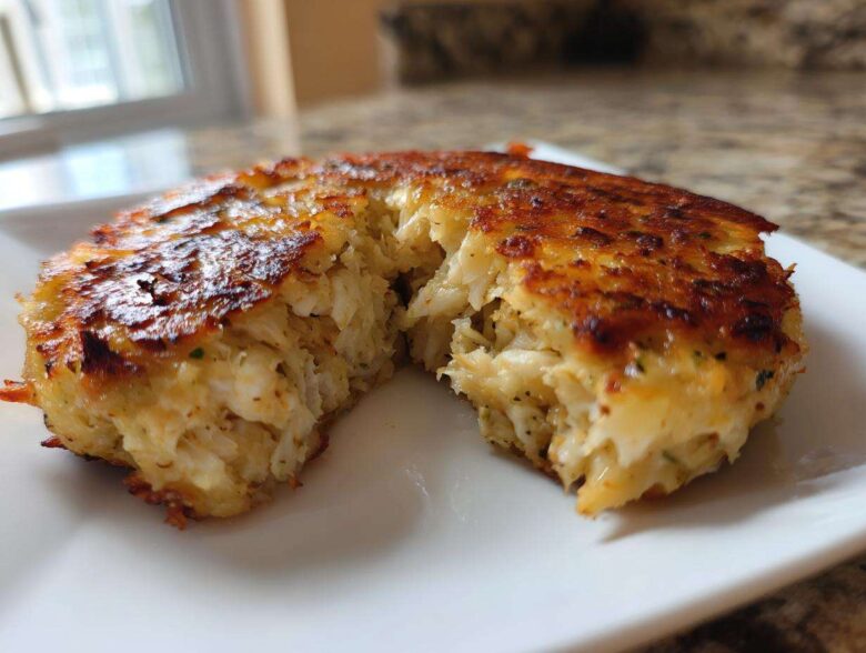 Close-up of a perfectly seared maryland crab cake cut in half, showing the flaky crab meat inside.