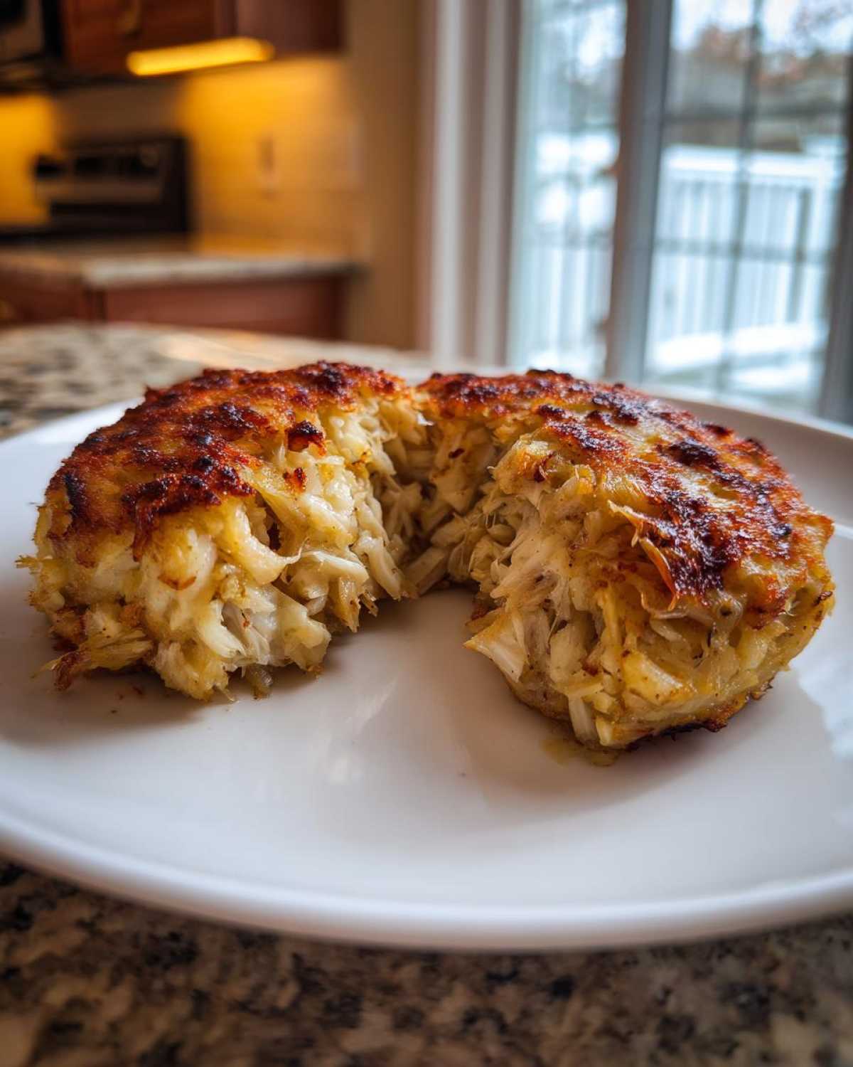 A perfectly seared maryland crab cake cut in half showing its flaky, rich crab meat interior.