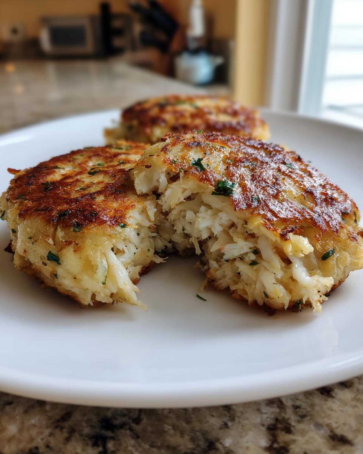 Close-up of a golden-brown maryland crab cake broken open to show the flaky white crab meat inside.