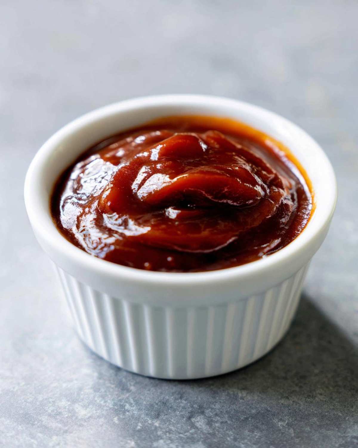 Close-up of thick, glossy homemade bbq sauce served in a small white fluted ramekin.
