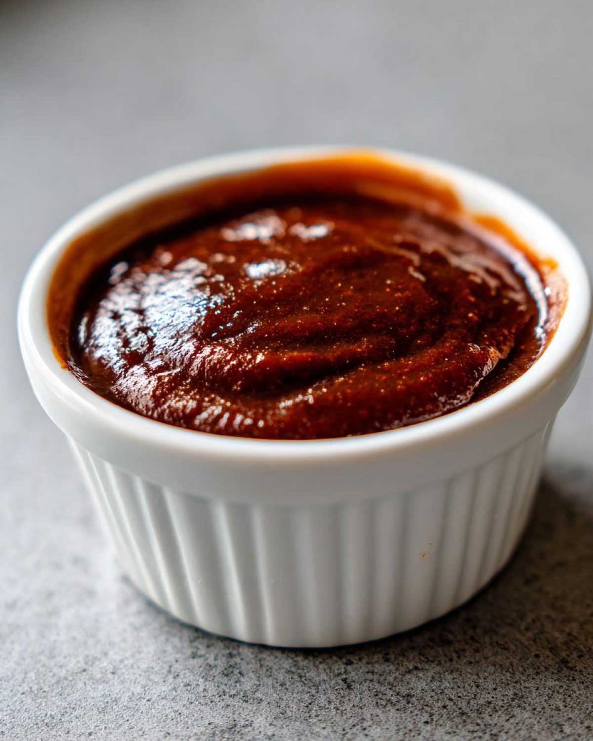 Close-up of thick, dark brown homemade bbq sauce served in a small white fluted ramekin.