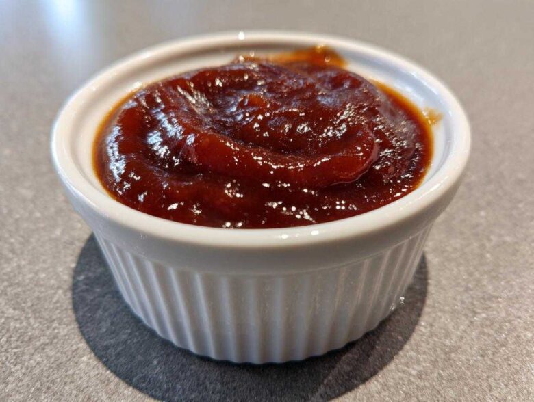 Close-up of thick, glossy, dark red homemade bbq sauce served in a small white fluted ramekin.
