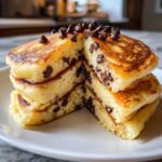 Close-up of a stack of fluffy chocolate chip pancakes cut in half, showing melted chips inside and topped with chocolate chips.