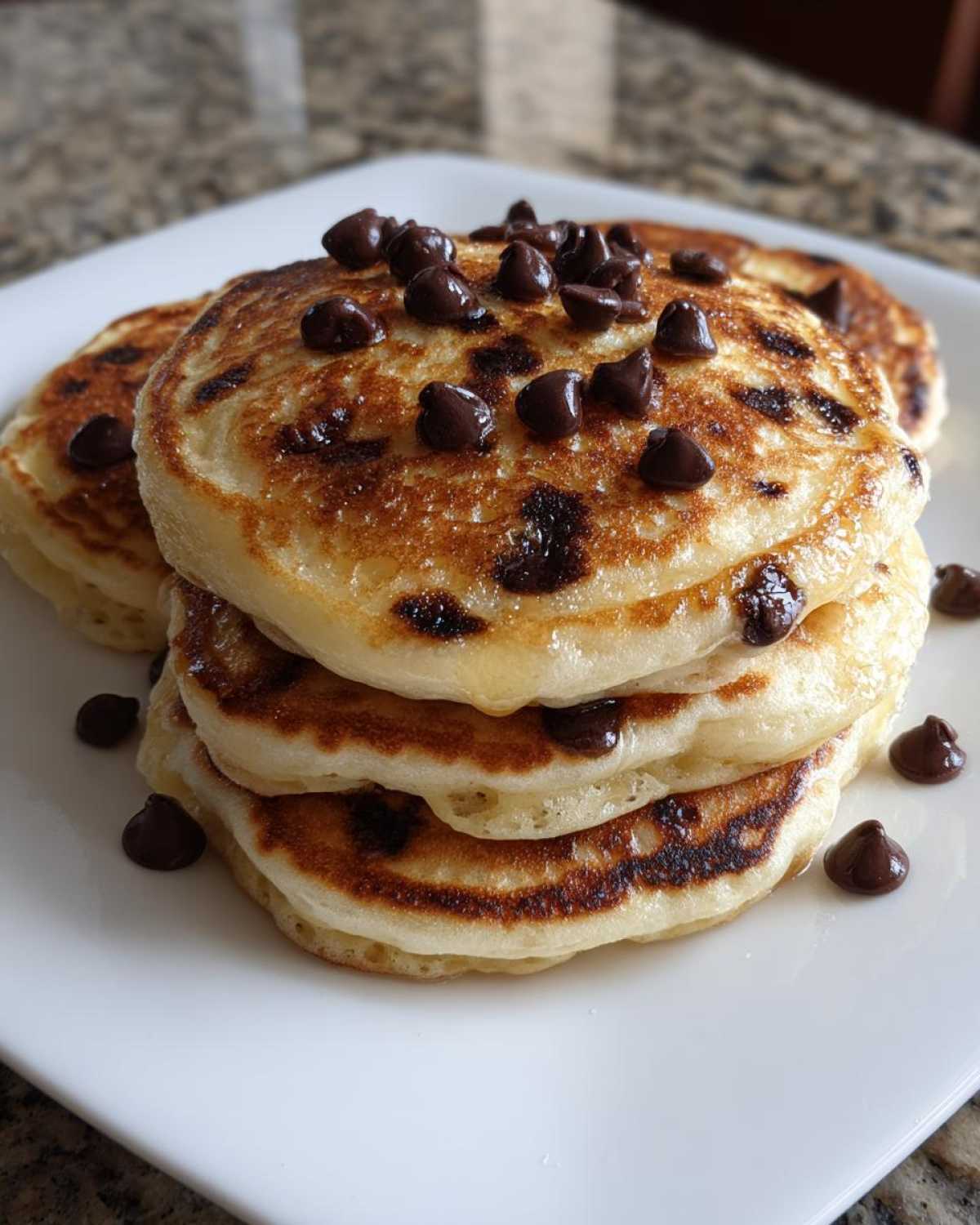 A stack of three fluffy chocolate chip pancakes topped with melted chocolate chips on a white plate.
