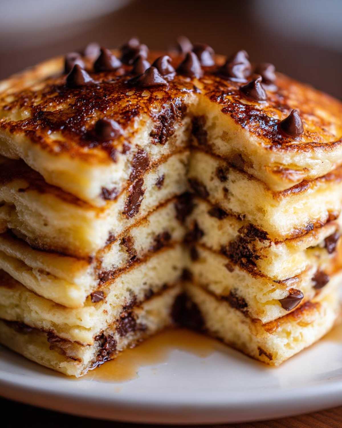 A close-up of a tall stack of fluffy chocolate chip pancakes, cut to show melted chips inside and topped with more chips.