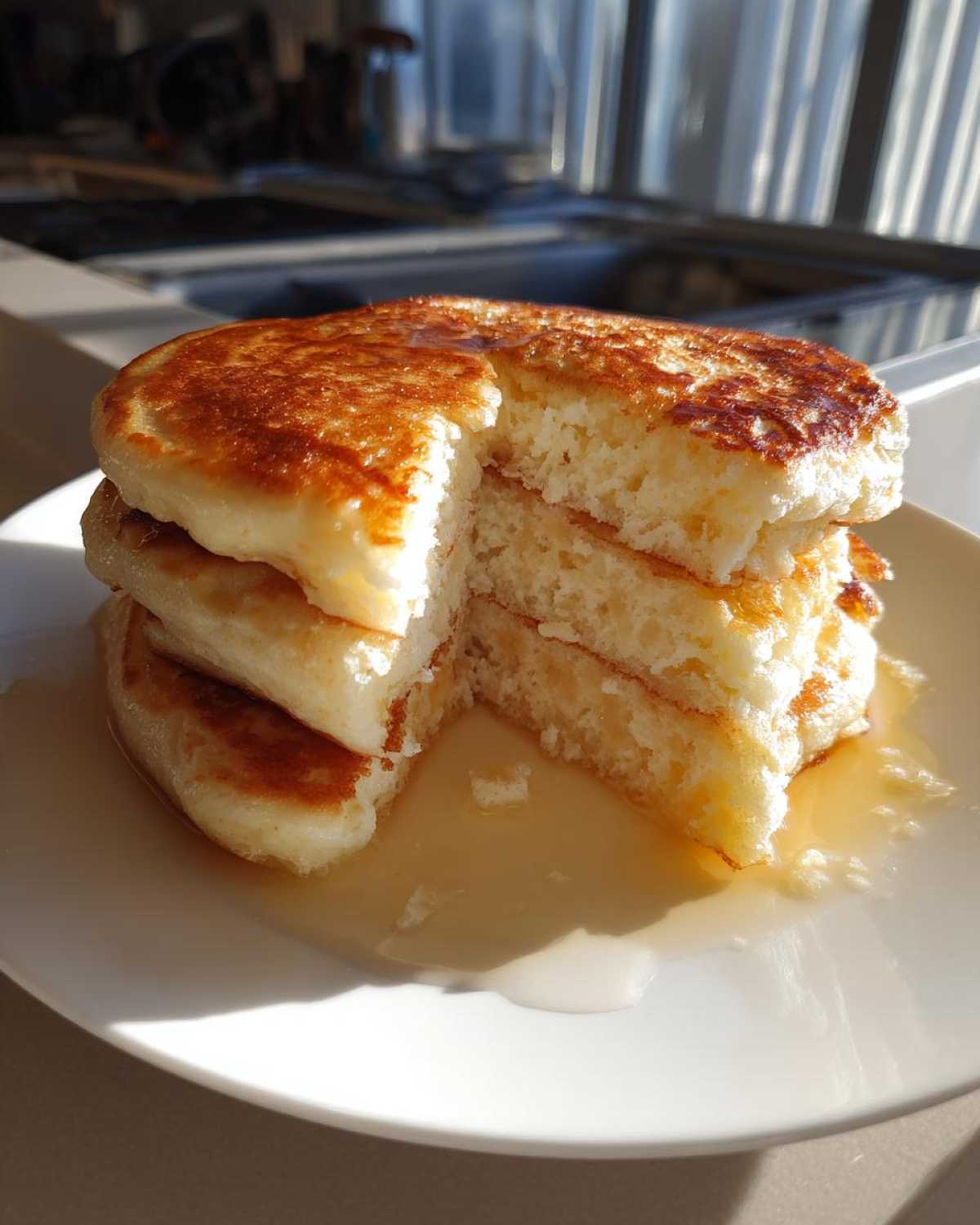 A stack of three thick, fluffy greek yogurt pancakes with a slice cut out, drizzled with syrup on a white plate.