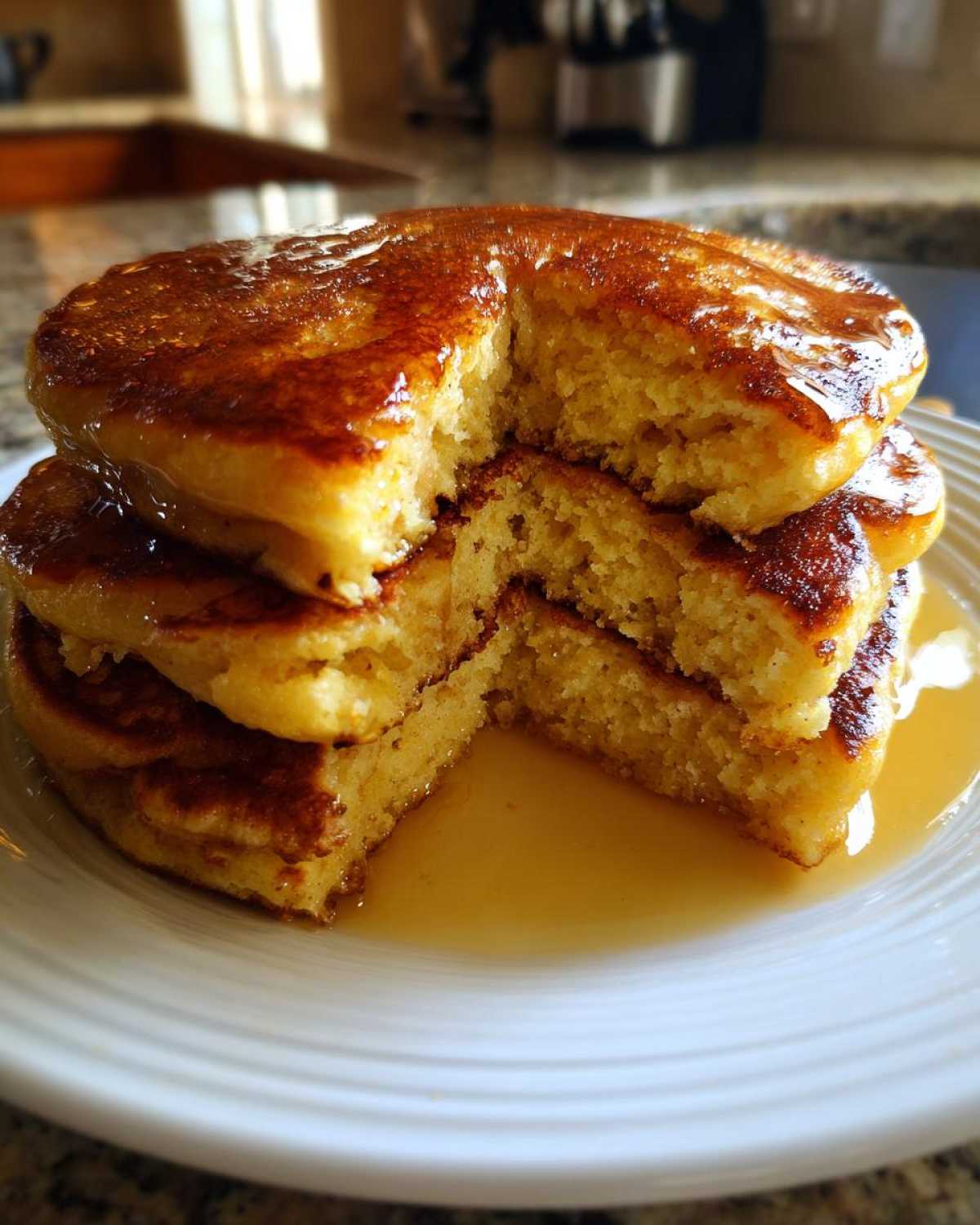 A stack of fluffy greek yogurt pancakes with a piece cut out, drizzled generously with golden syrup.