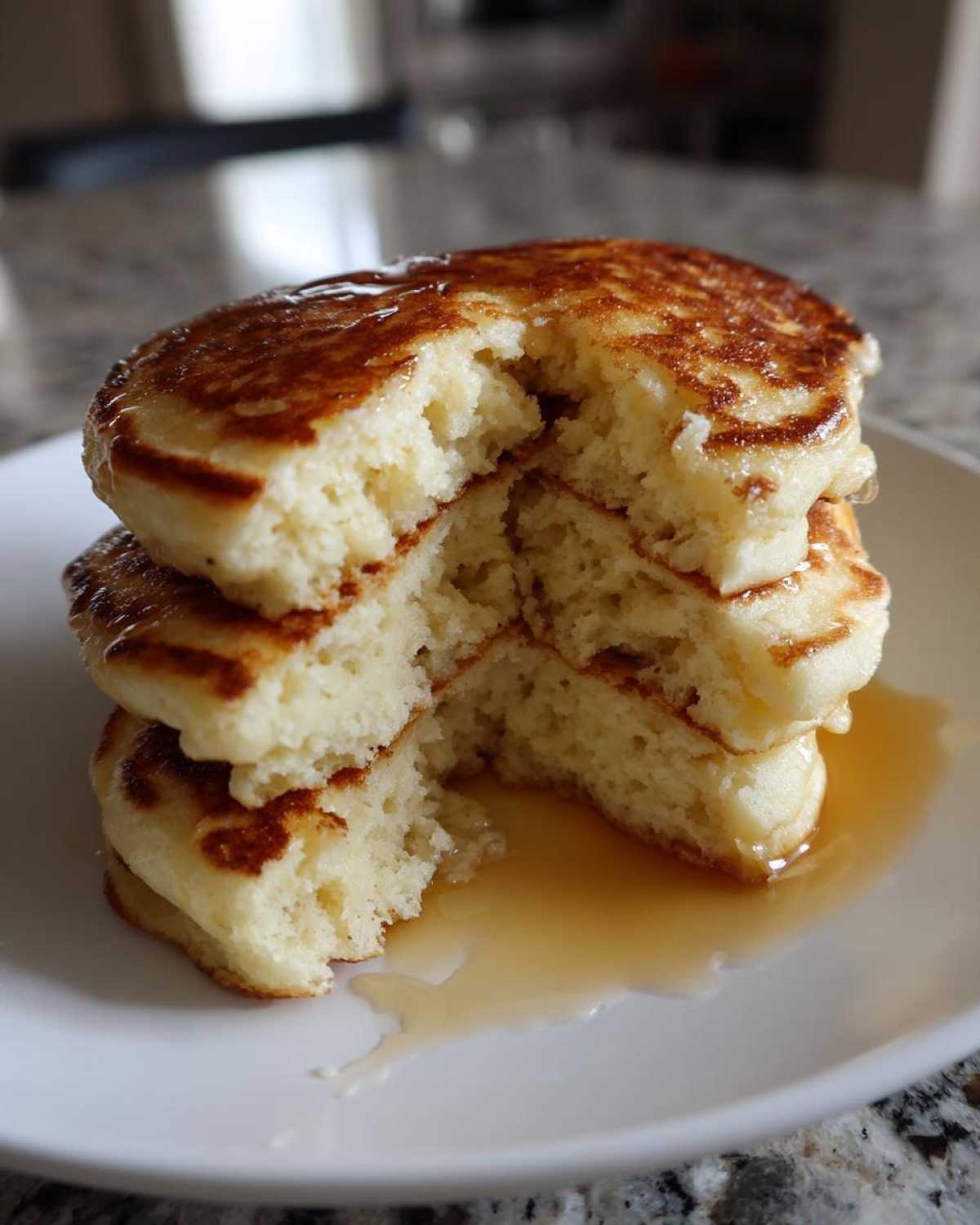 A stack of three fluffy Greek yogurt pancakes with a bite taken out, drizzled with syrup.