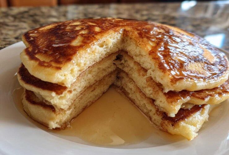 A stack of three fluffy greek yogurt pancakes, cut to show the interior, drizzled generously with syrup.