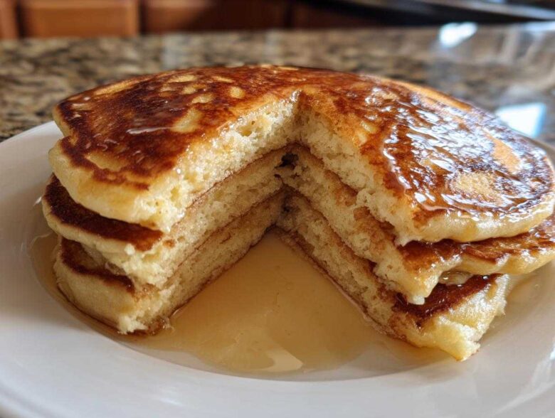 A stack of three fluffy greek yogurt pancakes, cut to show the interior, drizzled generously with syrup.