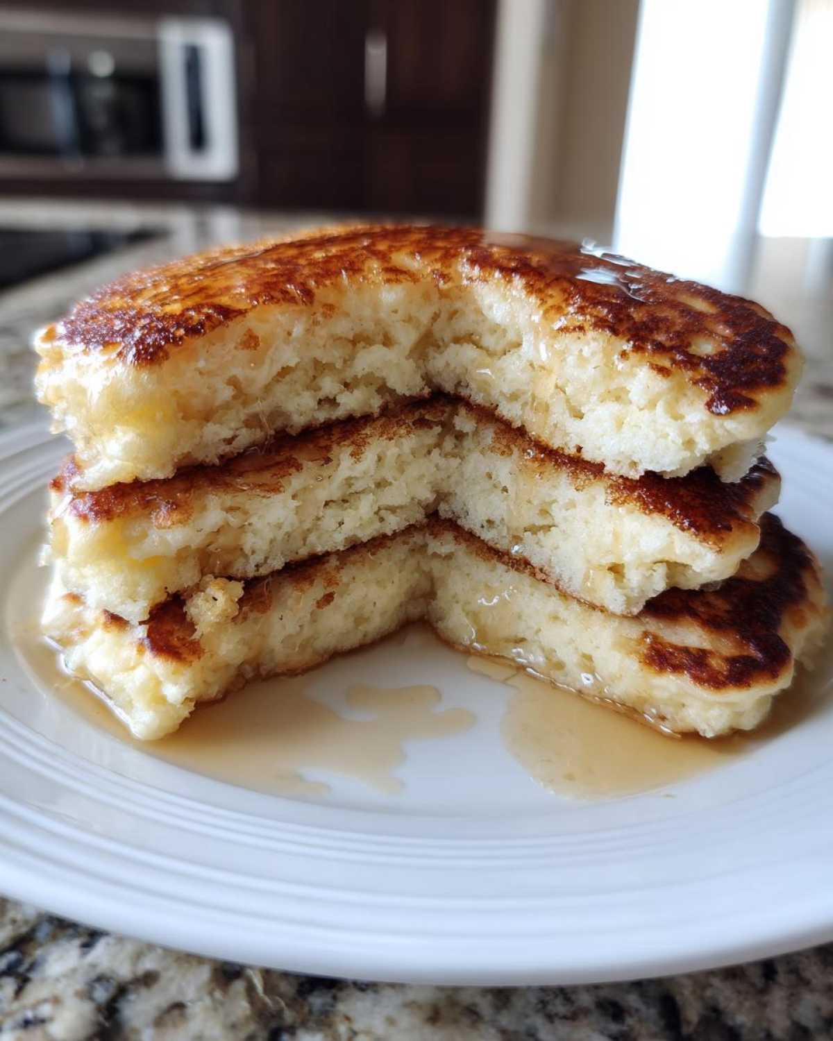 Close-up of a stack of three fluffy greek yogurt pancakes with a piece removed, drizzled with syrup.