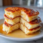 Close-up of a stack of fluffy greek yogurt pancakes with a piece cut out, drizzled generously with golden syrup.