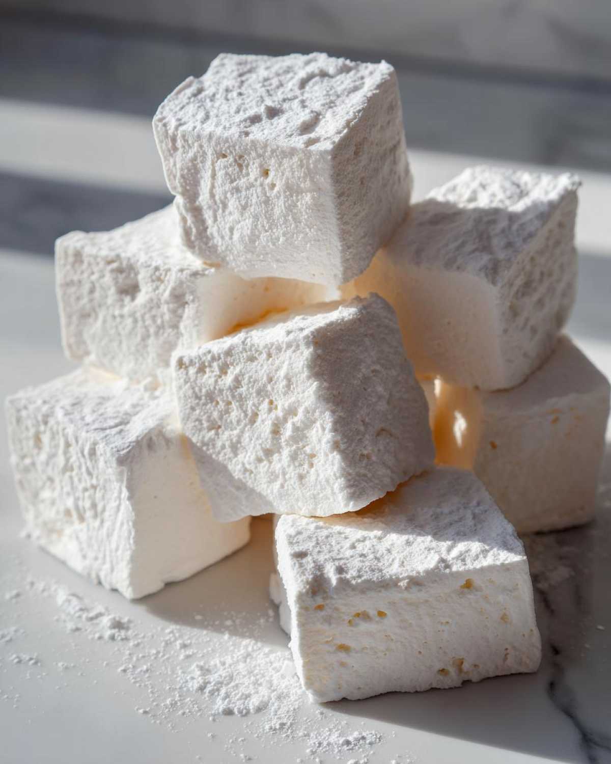 A close-up stack of fluffy, square homemade marshmallows heavily dusted with powdered sugar.