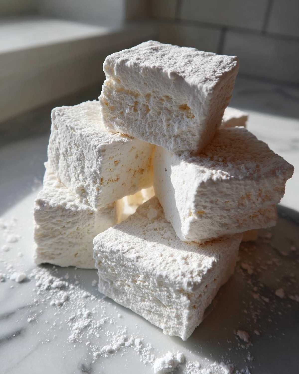 A stack of fluffy, square homemade marshmallows dusted heavily with powdered sugar on a white marble surface.