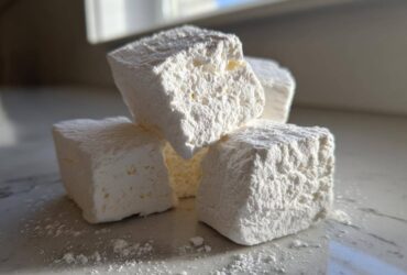 Close-up of four fluffy homemade marshmallows dusted heavily with powdered sugar on a light surface.