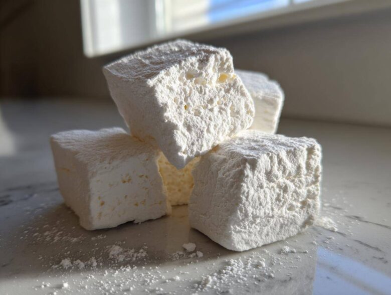Close-up of four fluffy homemade marshmallows dusted heavily with powdered sugar on a light surface.