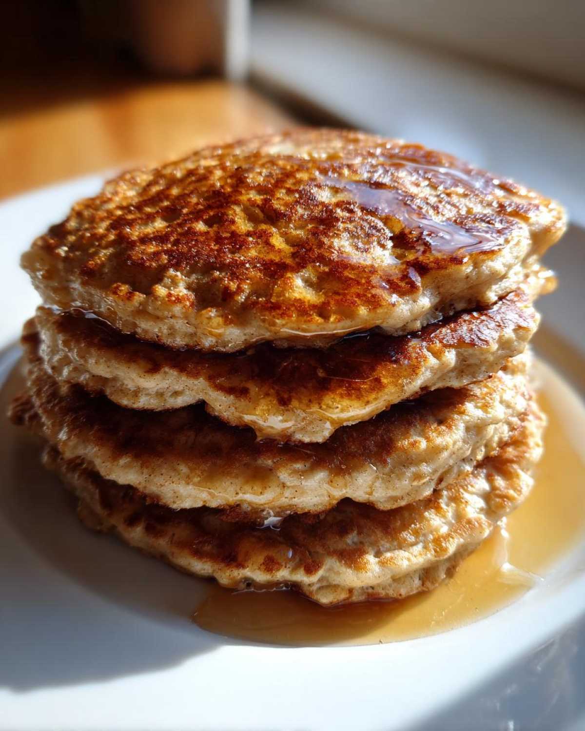 Close-up of a tall stack of fluffy oatmeal pancakes drizzled generously with syrup.