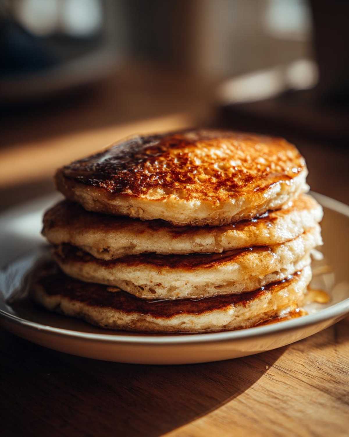 A tall stack of four fluffy oatmeal pancakes drizzled with syrup, sitting on a light plate.