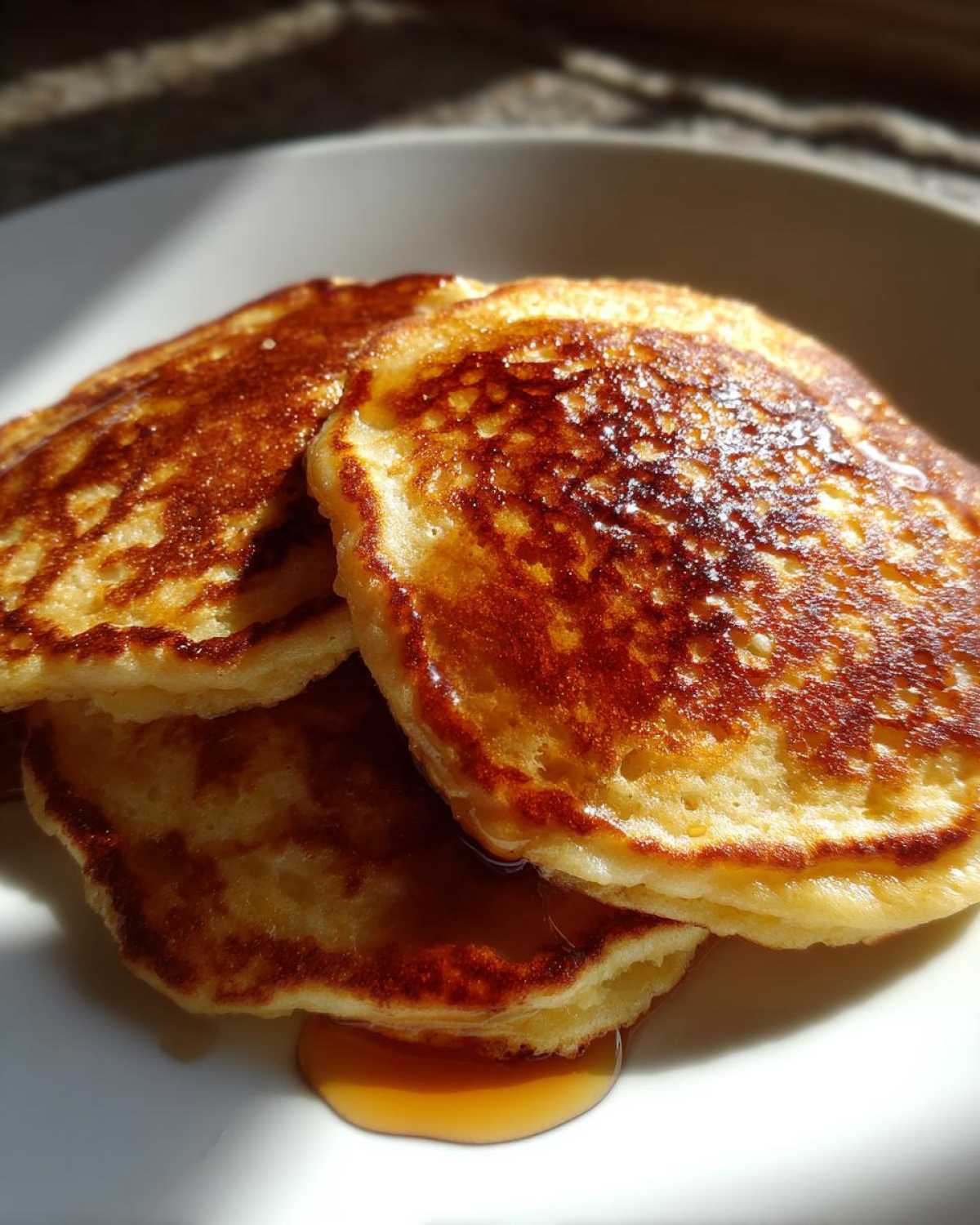 Close-up of a stack of three golden brown, fluffy oatmeal pancakes drizzled with syrup.