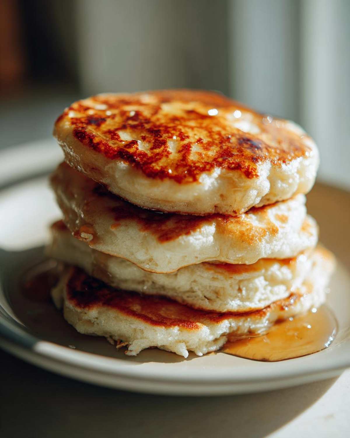 A tall stack of four golden-brown, fluffy oatmeal pancakes drizzled with syrup.