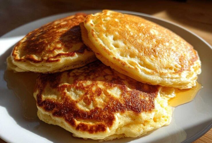 A stack of three golden brown, fluffy oatmeal pancakes drizzled with syrup on a light gray plate.