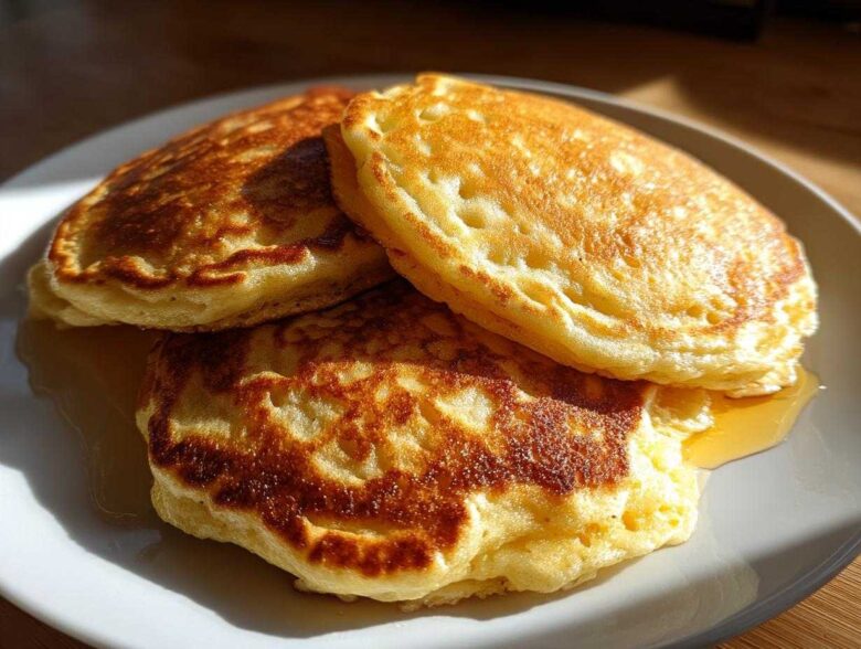 A stack of three golden brown, fluffy oatmeal pancakes drizzled with syrup on a light gray plate.