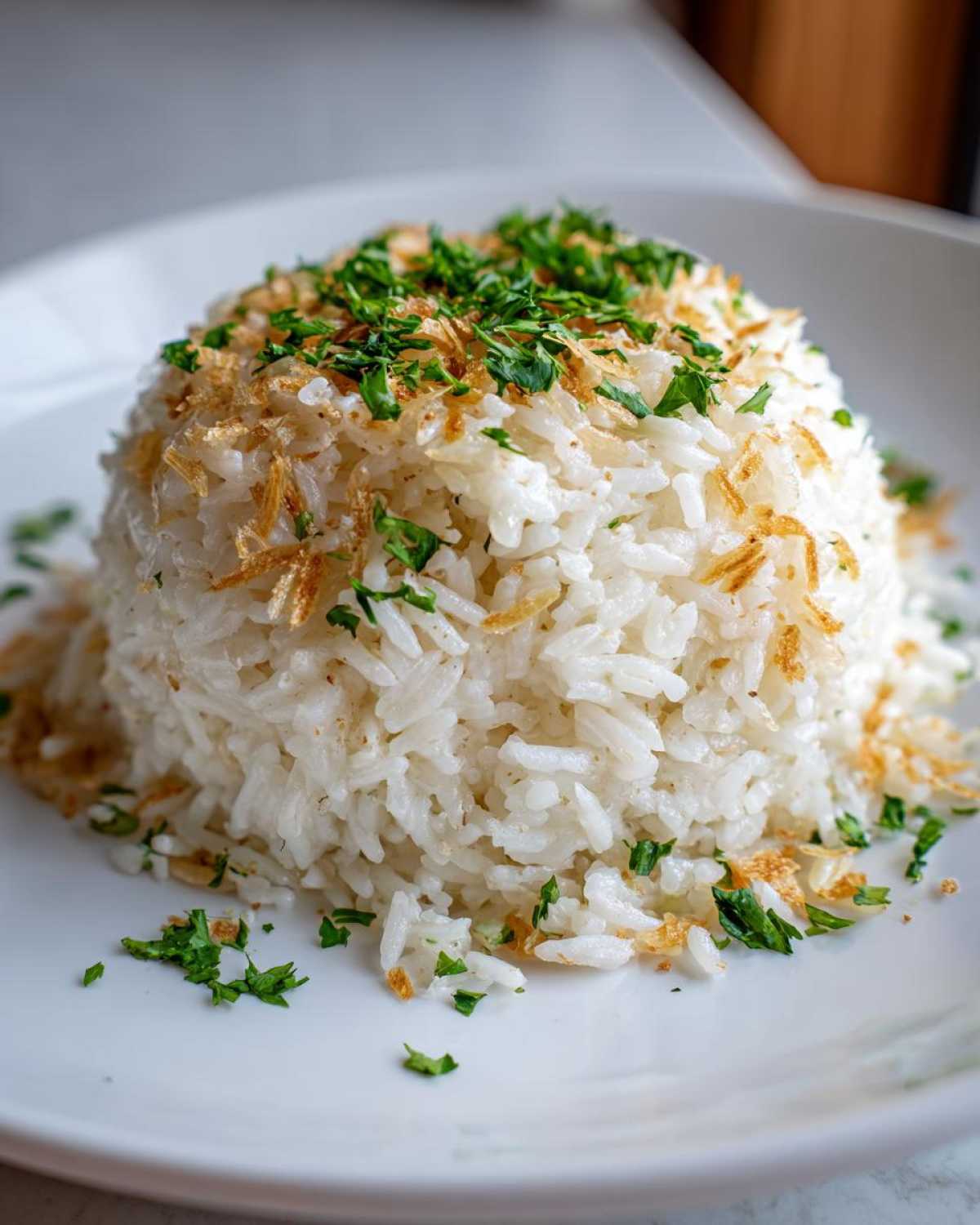 A mound of fluffy white rice pilaf garnished with crispy fried onions and fresh chopped parsley on a white plate.