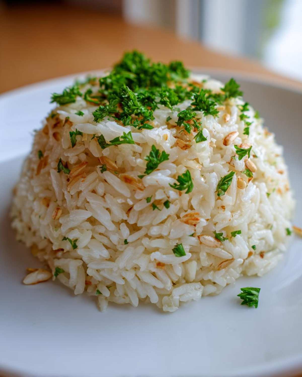 A perfectly molded mound of fluffy white rice pilaf mixed with toasted vermicelli and topped with fresh chopped parsley.