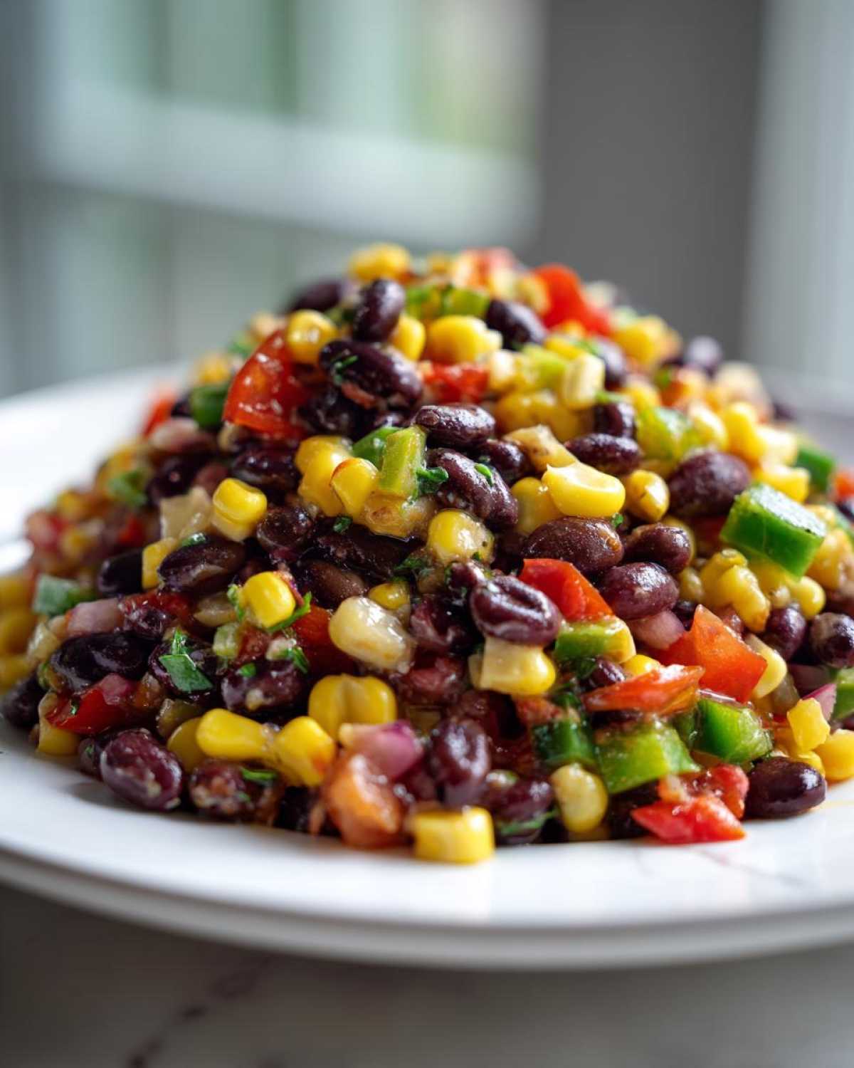 A vibrant mound of cowboy caviar featuring black beans, corn, diced red tomatoes, green peppers, and red onion on a white plate.