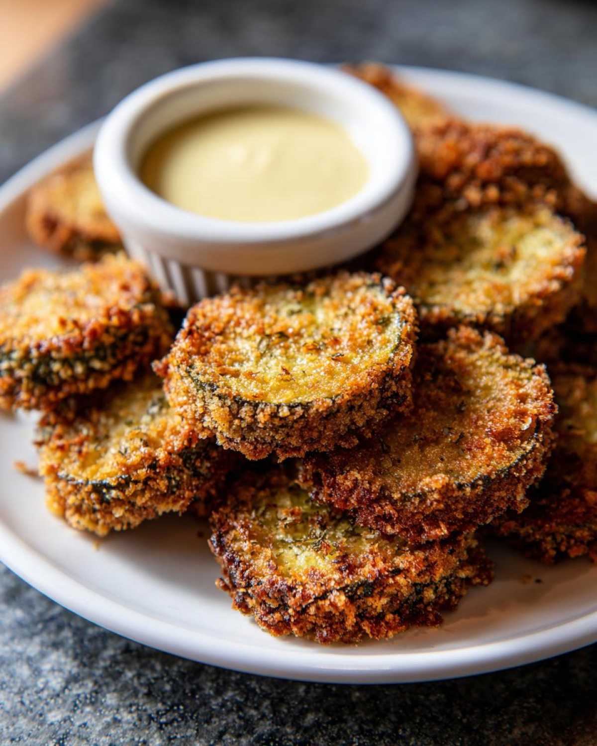 A plate piled high with crispy, golden brown Fried Pickles served with a small ramekin of yellow dipping sauce.