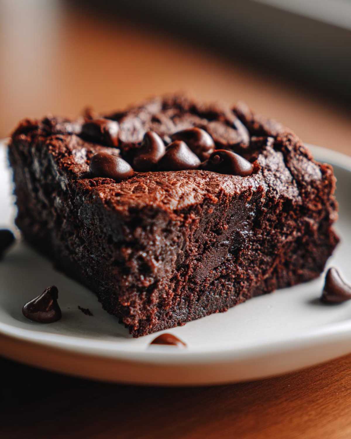 Close-up of a fudgy, rich slice of black bean brownies topped with melted chocolate chips on a white plate.