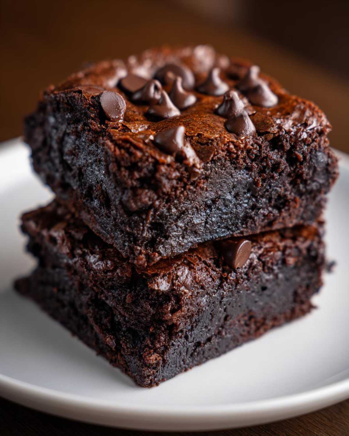 Two stacked, fudgy black bean brownies topped generously with melted chocolate chips on a white plate.