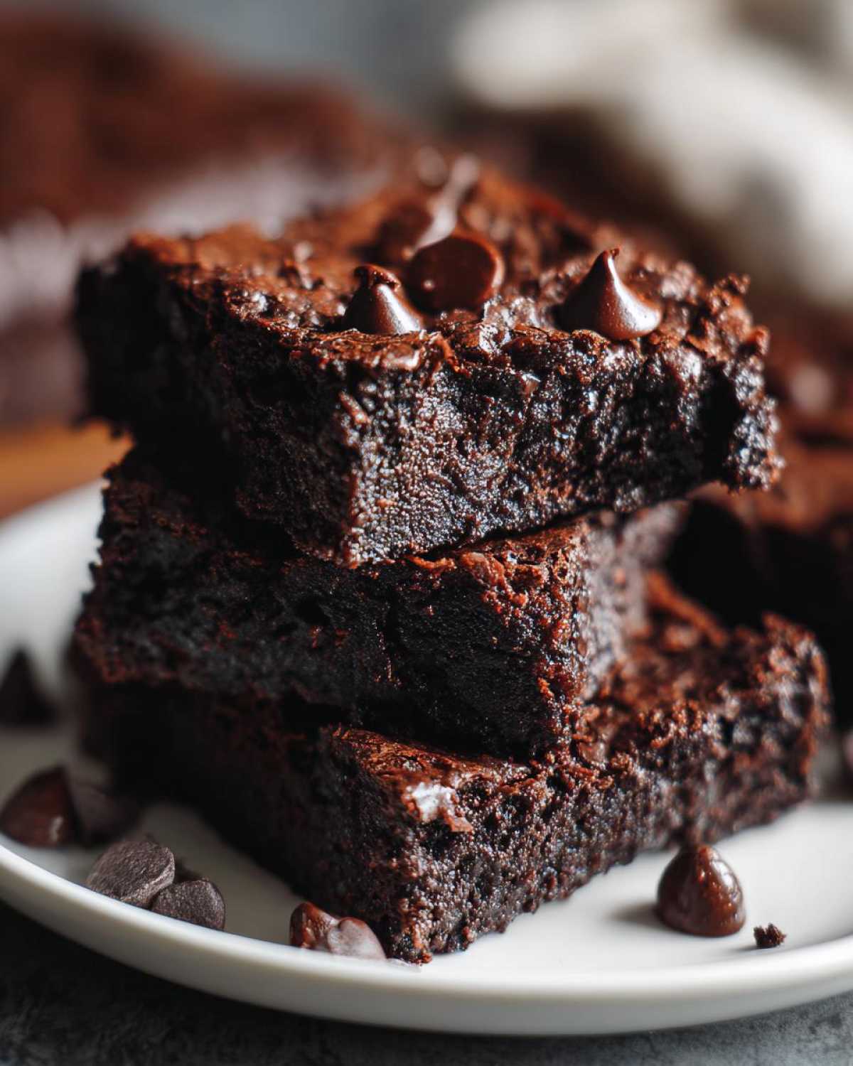 A stack of three fudgy black bean brownies topped with melted chocolate chips on a white plate.