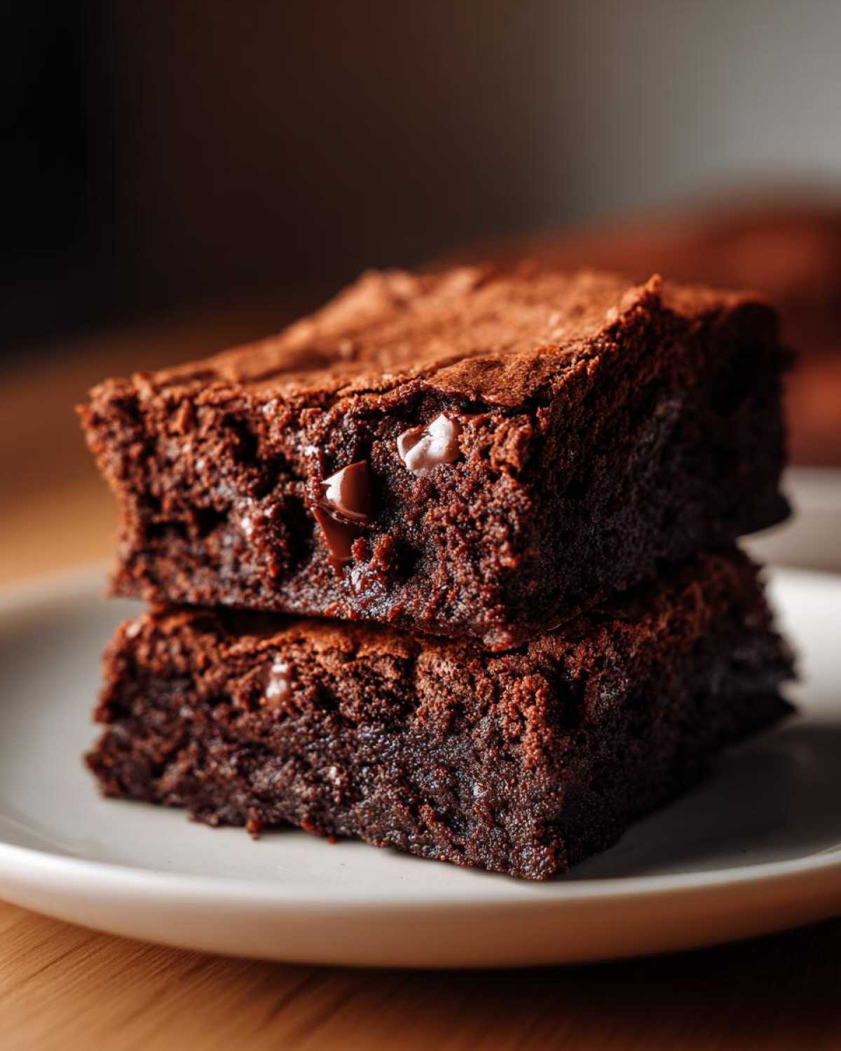 Two fudgy black bean brownies stacked on a white plate, showing melted chocolate chips.