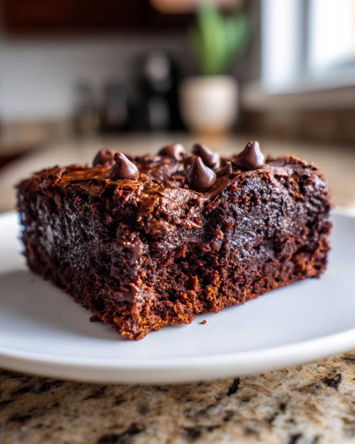 A close-up of a rich, fudgy square of sweet potato brownies topped with melted chocolate chips on a white plate.