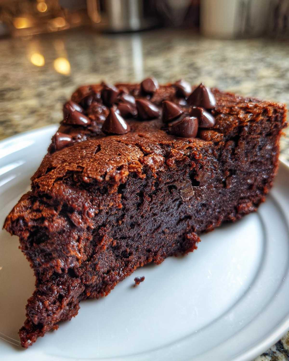 A close-up of a rich, fudgy slice of sweet potato brownies topped with whole chocolate chips on a white plate.